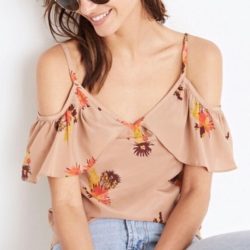 Madewell Silk Brown Floral Cold Shoulder Spaghetti Straps Top